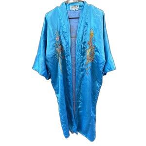 Golden Dragon M Chinese Dragon Embroidered Turquoise Silk Kimono Robe Lined